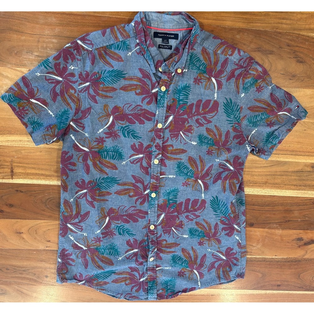 Tommy Hilfiger Mens Large New York Fit Tropical Floral Hibiscus Button Down